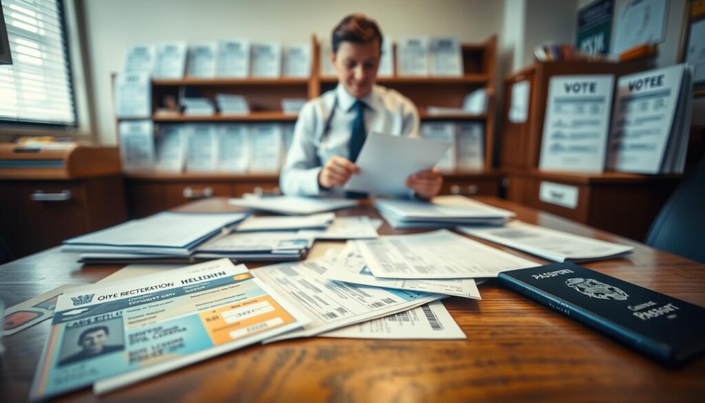 A detailed, organized workspace focused on voter ID requirements. In the foreground, a wooden table showcases various accepted identification documents including a driver's license, utility bills, and a passport, all neatly arranged. In the middle layer, a professional individual dressed in business attire reviews these documents, appearing engaged and thoughtful. The background displays a blurred government office setting with shelves of voter registration forms, soft lighting illuminating the scene to create a welcoming atmosphere. The image captures a mood of diligence and community engagement, emphasizing the importance of proper identification and proof of residence in the voting process. The angle is slightly above eye level to provide a comprehensive view of the documents and the individual at work. A detailed, organized workspace focused on voter ID requirements. In the foreground, a wooden table showcases various accepted identification documents including a driver's license, utility bills, and a passport, all neatly arranged. In the middle layer, a professional individual dressed in business attire reviews these documents, appearing engaged and thoughtful. The background displays a blurred government office setting with shelves of voter registration forms, soft lighting illuminating the scene to create a welcoming atmosphere. The image captures a mood of diligence and community engagement, emphasizing the importance of proper identification and proof of residence in the voting process. The angle is slightly above eye level to provide a comprehensive view of the documents and the individual at work.