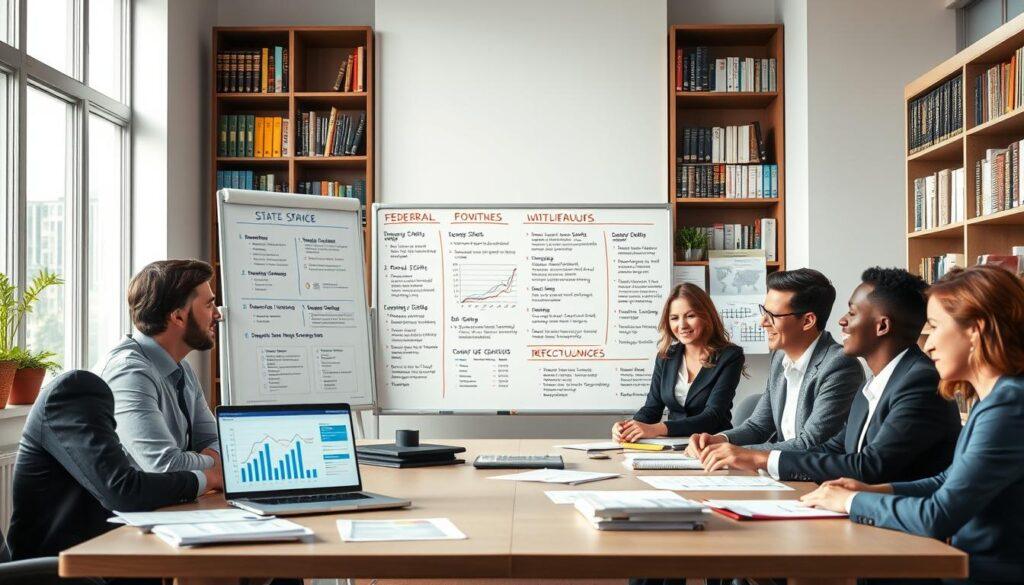 A detailed visual representation of "ARPA state grants compliance" in a modern office setting. In the foreground, a diverse group of professionals in business attire is engaged in discussion around a large table with documents and a laptop displaying graphs and compliance checklists. The middle ground features a whiteboard filled with colorful charts, deadlines, and key points highlighting federal and state funding requirements. The background includes a bookshelf with books on finance and policy, emphasizing education and research. Soft, natural lighting floods the room through large windows, casting a positive and focused atmosphere. The overall mood conveys collaboration, diligence, and a commitment to community impact through effective budgeting and compliance with grant requirements.