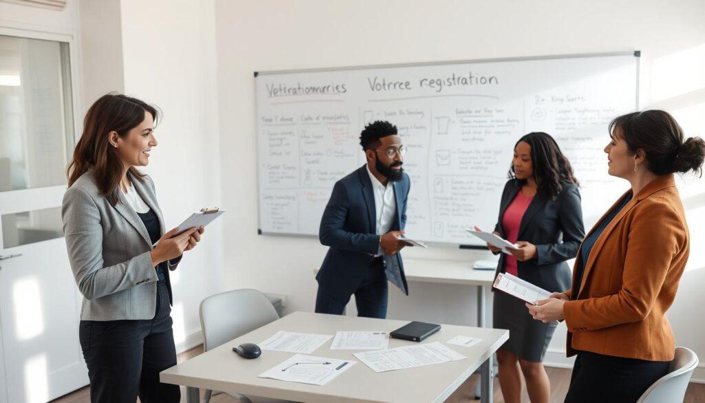 A diverse group of three professionals engaged in a role play evaluation scenario within a brightly lit training room. The foreground features a woman in smart business attire, taking notes on a clipboard, observing two colleagues in action. One colleague, a man in a blazer, is playfully acting out a customer service interaction, while the other, a woman in business casual, listens empathetically, demonstrating skills in communication and understanding. In the middle ground, a table is equipped with evaluation rubrics and visual aids, emphasizing accuracy and speed in customer service. The background consists of a large whiteboard filled with notes and key concepts related to effective voter registration. The overall atmosphere is focused and collaborative, conveying a sense of professionalism and enthusiasm for learning. Soft natural light fills the room, creating an inviting environment.