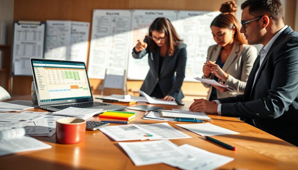 A focused image depicting a community drive toolkit for budget planning. In the foreground, a wooden table cluttered with colorful worksheets, a calculator, and a laptop displaying a budgeting spreadsheet. Scattered around are financial documents and pens, with a coffee mug to one side. The middle ground features a diverse group of three individuals in professional business attire, engaged in deep discussion, one pointing to the laptop screen while the others take notes. In the background, a large whiteboard filled with budget outlines and fundraising ideas. Warm, natural lighting casts soft shadows, creating an inviting and collaborative atmosphere, evoking a sense of teamwork and purposefulness. A slight depth of field effect focuses on the foreground items, while the background is slightly blurred, emphasizing the group’s engagement.