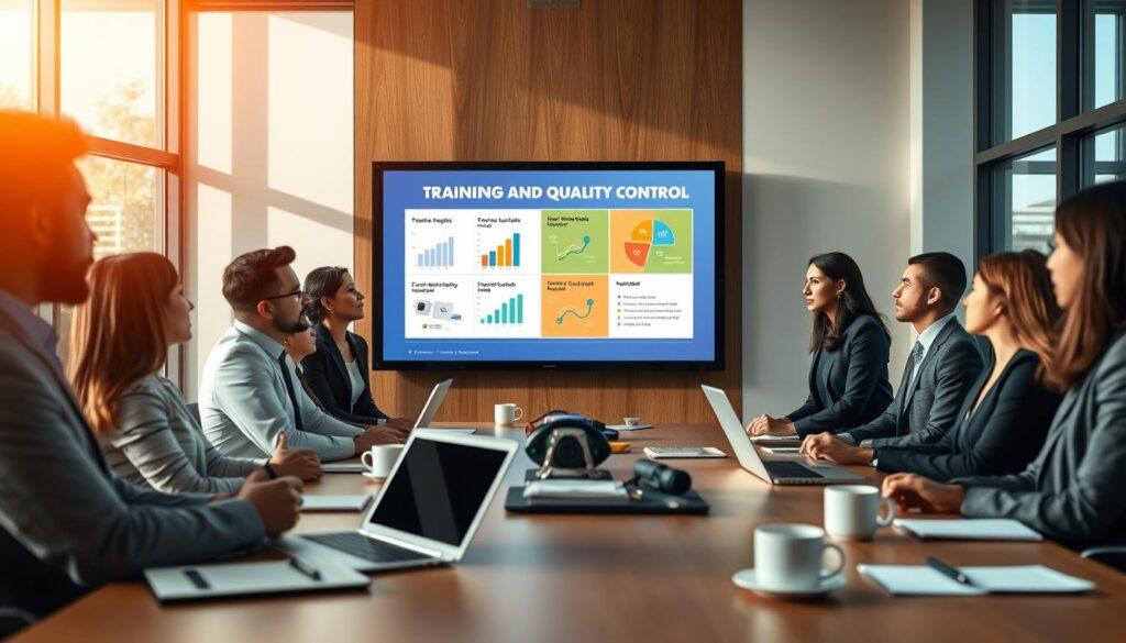 A modern conference room setting with a sleek, large digital screen displaying a vibrant slide deck focused on training and quality control, featuring graphs and bullet points. In the foreground, a diverse group of professionals in business attire, including both men and women of various ethnicities, intently discussing the presentation. The middle ground features a table cluttered with laptops, notepads, and coffee cups, symbolizing collaboration. The background showcases large windows allowing natural light to pour in, casting soft shadows on the walls. The atmosphere is bright and engaging, conveying a sense of teamwork and purpose, with a warm color palette that enhances a productive environment. Soft focus on the background elements emphasizes the group and the slide deck in the foreground. A modern conference room setting with a sleek, large digital screen displaying a vibrant slide deck focused on training and quality control, featuring graphs and bullet points. In the foreground, a diverse group of professionals in business attire, including both men and women of various ethnicities, intently discussing the presentation. The middle ground features a table cluttered with laptops, notepads, and coffee cups, symbolizing collaboration. The background showcases large windows allowing natural light to pour in, casting soft shadows on the walls. The atmosphere is bright and engaging, conveying a sense of teamwork and purpose, with a warm color palette that enhances a productive environment. Soft focus on the background elements emphasizes the group and the slide deck in the foreground.