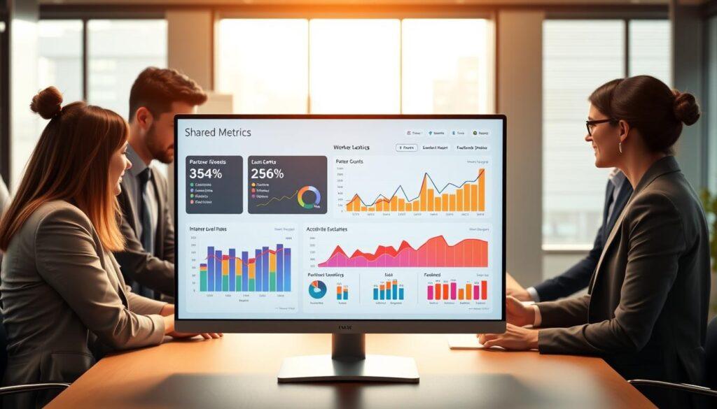 A modern, sleek shared metrics dashboard displayed on a high-resolution computer screen in an office setting. The foreground features vibrant, colorful graphs and charts illustrating partner-level goals, intake counts, and acceptance rates, with smooth transitions and clear visual representations. In the middle ground, a diverse group of professionals, including men and women in business attire, collaborate around a conference table, examining the dashboard together, showcasing teamwork and engagement. The background includes a contemporary office space with large windows letting in natural light, creating a bright and productive atmosphere. Soft, warm lighting highlights the dashboard's data while conveying a sense of trust and partnership in the air. The composition is inviting and informative, emphasizing cooperation and shared objectives. A modern, sleek shared metrics dashboard displayed on a high-resolution computer screen in an office setting. The foreground features vibrant, colorful graphs and charts illustrating partner-level goals, intake counts, and acceptance rates, with smooth transitions and clear visual representations. In the middle ground, a diverse group of professionals, including men and women in business attire, collaborate around a conference table, examining the dashboard together, showcasing teamwork and engagement. The background includes a contemporary office space with large windows letting in natural light, creating a bright and productive atmosphere. Soft, warm lighting highlights the dashboard's data while conveying a sense of trust and partnership in the air. The composition is inviting and informative, emphasizing cooperation and shared objectives.