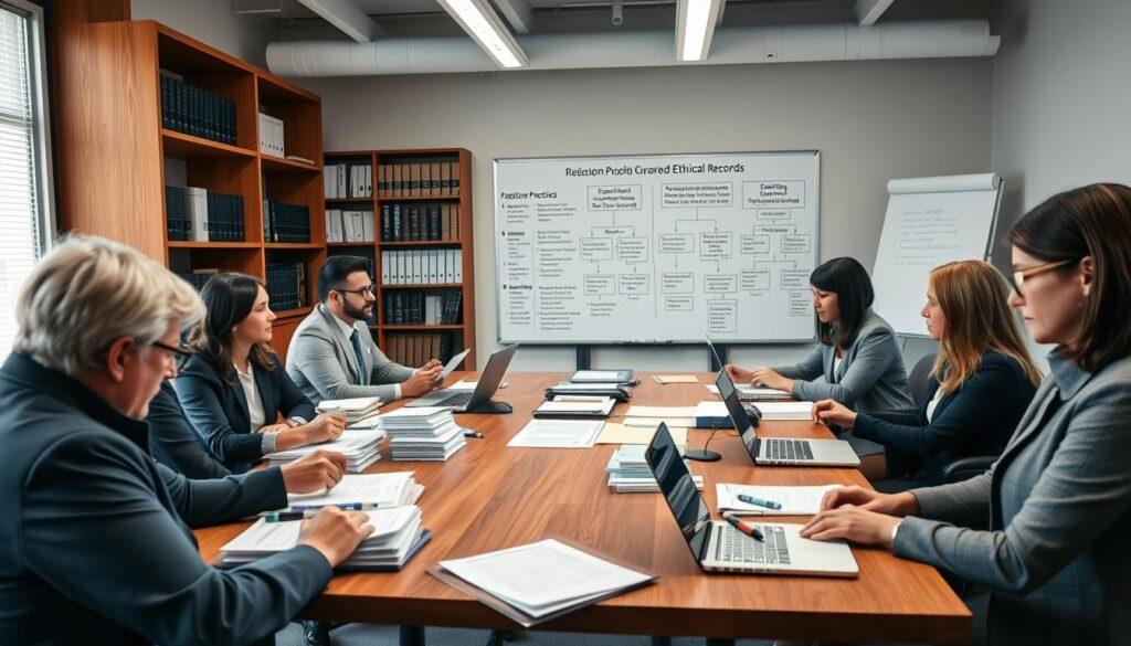 A professional office environment showcasing ethical practices in public records handling. In the foreground, a diverse group of individuals in professional business attire is gathered around a large wooden table filled with stacks of documents, redaction tools like markers, and laptops open to spreadsheets. In the middle ground, a large whiteboard filled with flowcharts outlining redaction protocols and ethical guidelines is visible. The background features shelves stocked with legal books and public records files. The lighting is bright and focused, highlighting the seriousness of the discussions taking place. The mood is collaborative and purposeful, emphasizing the importance of transparency and ethics in data management. The image is framed from a slightly elevated angle, creating depth and drawing attention to the meticulous tasks being performed.