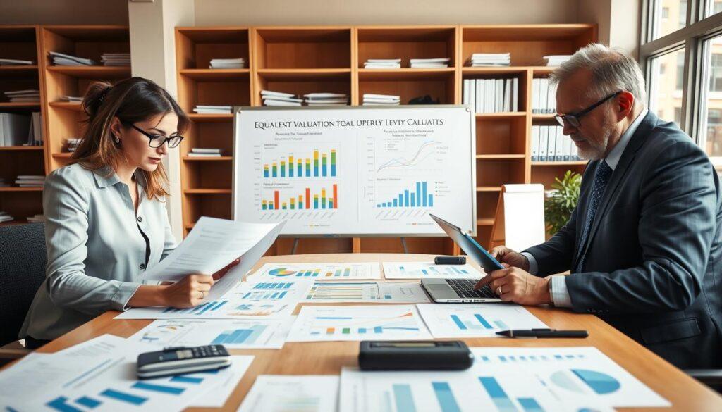 A professional office setting focused on property tax levy calculation. In the foreground, a diverse group of three individuals in business attire - a middle-aged woman analyzing documents, a young man typing on a laptop, and an older man using a calculator - all collaborating on a large table filled with charts and graphs depicting fiscal data. In the middle, a whiteboard showcasing colorful diagrams illustrating equalized valuation and historical year-over-year changes in tax levies. The background features shelves with financial reports and a window with natural light filtering in, creating a warm and productive atmosphere. The lens captures a slightly tilted angle to enhance depth, emphasizing teamwork and analytical focus. The overall mood is serious and engaged, reflecting a dedication to understanding municipal budgets.