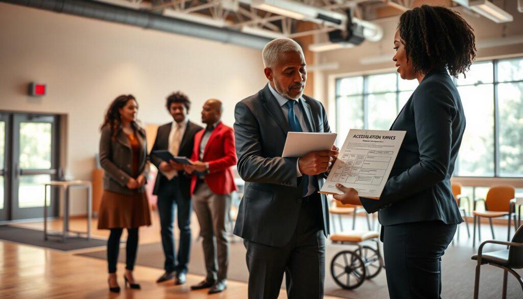 An inviting community event venue scene showcasing a diverse group of people discussing accessible venue selection for voter registration drives. In the foreground, two professionals in business attire are examining a clipboard with venue options, one pointing to a well-designed layout. The middle ground features a spacious, well-lit community hall with easy access points, including ramps and seating arrangements tailored for all attendees. The background captures large windows allowing natural light to flood in, with greenery visible outside. The mood is collaborative and inspiring, emphasizing inclusivity and community involvement. The image is captured at eye level, with a focus on warm, welcoming colors that convey a sense of safety and openness.