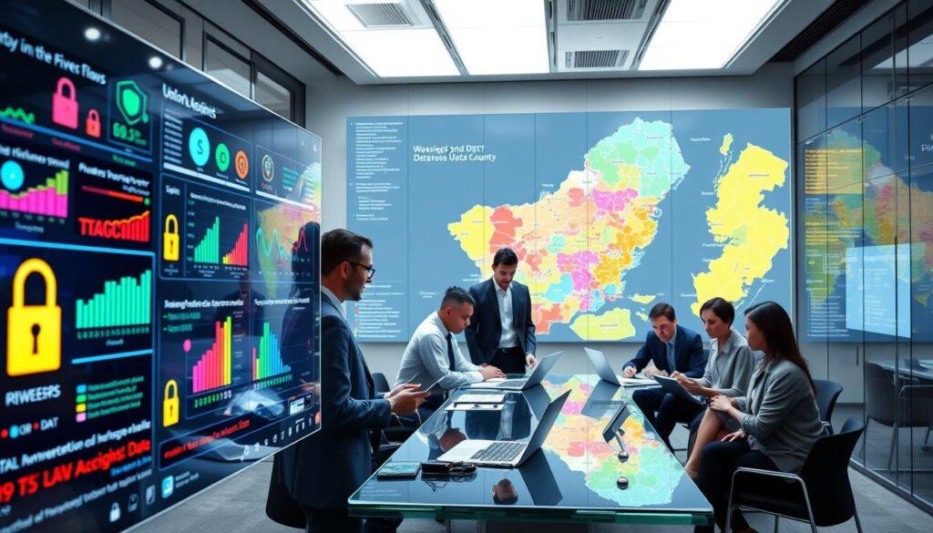 Visualize a data privacy mapping visualization set in a modern, sleek office environment. In the foreground, transparent screens display colorful pivot tables and graphs illustrating data flows, with a focus on security measures like locks and shields. In the middle ground, a diverse group of professionals in business attire collaborate around a high-tech table, analyzing data insights on laptops and tablets. In the background, a large digital map highlights Union County with colored overlays representing different privacy considerations and public datasets. The lighting is bright and engaging, creating a professional atmosphere with a focus on innovation and teamwork. The image conveys a sense of urgency and responsibility in managing data privacy while fostering collaboration.