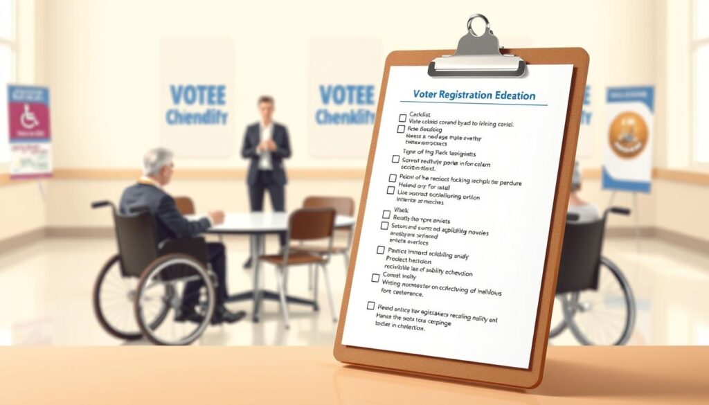 A checklist for ADA compliant voter registration setup illustrated in a professional and organized manner. Foreground features a detailed checklist on a sturdy clipboard, with items listed clearly in large print and plain language. Middle ground includes a round table with chairs arranged to accommodate individuals with mobility aids, such as wheelchairs. A sign language interpreter stands nearby, conveying information to attendees. Background shows a well-lit registration area with banners emphasizing accessibility and inclusivity. Soft, natural lighting enhances the welcoming atmosphere. The image should convey professionalism and a commitment to ensuring accessibility for all, capturing a balanced layout that prioritizes space and understanding in a voter-friendly environment.