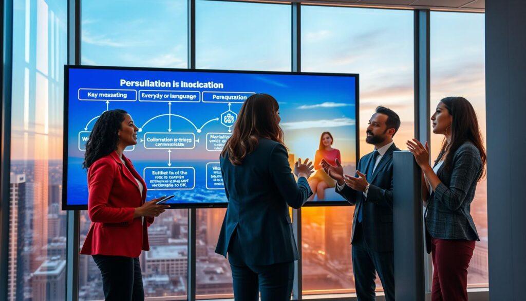 A close-up scene capturing the essence of "inoculation" as a metaphor for effective communication. In the foreground, a diverse group of four well-dressed professionals stands in a modern conference room, engaged in an animated discussion, with expressive gestures. In the middle ground, a large digital screen displays vibrant graphics illustrating key messaging concepts related to persuasion, with flowcharts connecting everyday language to complex ideas. The background features a window revealing a cityscape bathed in the warm glow of sunset, symbolizing progress and hope. The lighting is bright yet soft, creating an inviting atmosphere, and the camera angle is slightly elevated, giving a dynamic view of the interaction. The overall mood is optimistic and collaborative, emphasizing the bridging of communication gaps. A close-up scene capturing the essence of "inoculation" as a metaphor for effective communication. In the foreground, a diverse group of four well-dressed professionals stands in a modern conference room, engaged in an animated discussion, with expressive gestures. In the middle ground, a large digital screen displays vibrant graphics illustrating key messaging concepts related to persuasion, with flowcharts connecting everyday language to complex ideas. The background features a window revealing a cityscape bathed in the warm glow of sunset, symbolizing progress and hope. The lighting is bright yet soft, creating an inviting atmosphere, and the camera angle is slightly elevated, giving a dynamic view of the interaction. The overall mood is optimistic and collaborative, emphasizing the bridging of communication gaps.