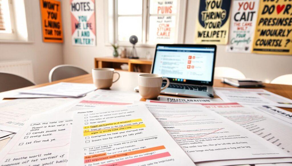 A desk scene depicting a collection of colorful phone scripts spread out on a wooden table. The foreground includes a close-up of a well-organized notepad, featuring neatly written bullet points and highlighted sections to emphasize key phrases for objection handling. In the middle, a laptop is open displaying a digital training platform with interactive role-play scenarios. A coffee cup rests nearby, suggesting a casual yet productive atmosphere. The background features a softly lit room with inspirational posters related to activism and community engagement. Natural light streams in through a window, creating a warm and motivating ambiance. The overall mood is focused and enthusiastic, reflecting the energy of volunteer training and teamwork in empowering conversations.