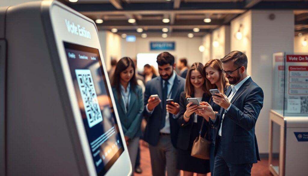 A detailed illustration of a QR code workflow within a modern voter registration kiosk. The foreground features a sleek, interactive kiosk with a prominent QR code displayed, surrounded by users in professional business attire interacting with their mobile devices. In the middle ground, diverse individuals are scanning the QR code with their smartphones, their expressions showing engagement and excitement. The background includes a lively polling station environment, with soft ambient lighting highlighting the welcoming atmosphere. The lens captures a close-up view, focusing on the QR code and users, conveying a sense of seamless digital interaction. The overall mood is optimistic and futuristic, reflecting the ease of technology in the voting process. A detailed illustration of a QR code workflow within a modern voter registration kiosk. The foreground features a sleek, interactive kiosk with a prominent QR code displayed, surrounded by users in professional business attire interacting with their mobile devices. In the middle ground, diverse individuals are scanning the QR code with their smartphones, their expressions showing engagement and excitement. The background includes a lively polling station environment, with soft ambient lighting highlighting the welcoming atmosphere. The lens captures a close-up view, focusing on the QR code and users, conveying a sense of seamless digital interaction. The overall mood is optimistic and futuristic, reflecting the ease of technology in the voting process.