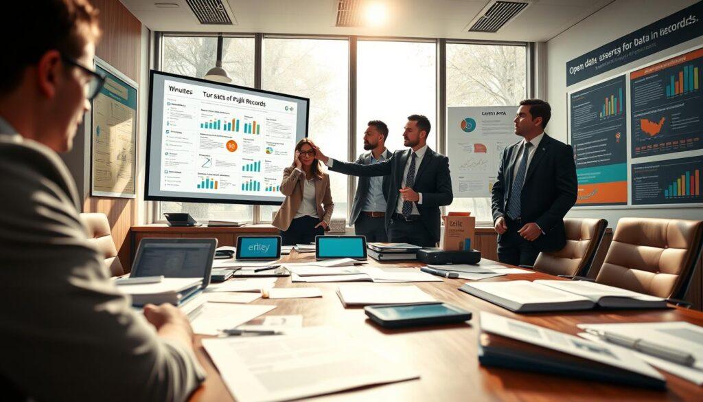 A detailed office scene showcasing a meeting in progress, with a clear focus on transparency and public accountability. In the foreground, a wooden conference table is cluttered with open documents, colorful charts, and digital devices displaying live tweets and agendas. In the middle ground, three diverse professionals dressed in business attire are engaged in discussion, pointing at a projected screen filled with minutes and speaker slips. The background features large windows allowing sunlight to filter in, creating a bright atmosphere. The walls are adorned with infographics about open data usage. The scene captures a mood of collaboration and proactive engagement, emphasizing the importance of transparency in public records. The angle is slightly elevated, revealing both the discussion and the colorful, data-rich visuals on the walls. A detailed office scene showcasing a meeting in progress, with a clear focus on transparency and public accountability. In the foreground, a wooden conference table is cluttered with open documents, colorful charts, and digital devices displaying live tweets and agendas. In the middle ground, three diverse professionals dressed in business attire are engaged in discussion, pointing at a projected screen filled with minutes and speaker slips. The background features large windows allowing sunlight to filter in, creating a bright atmosphere. The walls are adorned with infographics about open data usage. The scene captures a mood of collaboration and proactive engagement, emphasizing the importance of transparency in public records. The angle is slightly elevated, revealing both the discussion and the colorful, data-rich visuals on the walls.