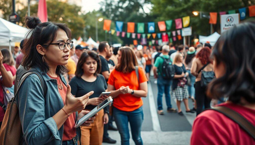 A diverse group of activists stands in a vibrant outdoor setting, actively engaging with the community. In the foreground, a woman using a sign language interpreter appears focused, while another activist uses a tablet displaying closed captions. The middle ground showcases an accessible event setup, with wide pathways, ramps, and a sign about ADA compliance. In the background, colorful banners and an enthusiastic crowd foster a positive atmosphere. Soft, warm lighting illuminates the scene, creating an inviting mood. The angle captures a slightly elevated view, highlighting the accessibility features and the engaged participants. The emphasis is on inclusivity and collaboration, showcasing the essential elements of accessibility in activism.