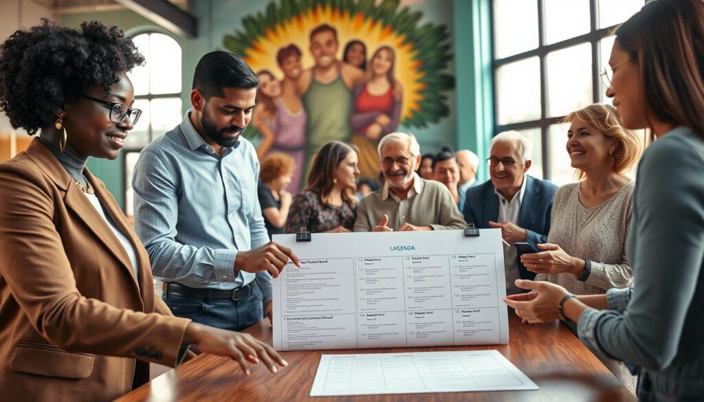 A diverse group of community members engaging in a collaborative discussion around a large shared agenda on a wooden table. In the foreground, a middle-aged Black woman in professional attire points at the agenda, her expression focused and enthusiastic. Beside her, a young Hispanic man, dressed in smart casual clothing, nods in agreement while holding a notepad. In the middle ground, various individuals, including a senior Caucasian man and a young Asian woman, are animatedly exchanging ideas, their body language open and inviting. The background features a vibrant community center with a large mural symbolizing unity, bathed in warm natural light from large windows. The atmosphere is collaborative and hopeful, emphasizing the importance of shared goals and communication across languages and cultures.