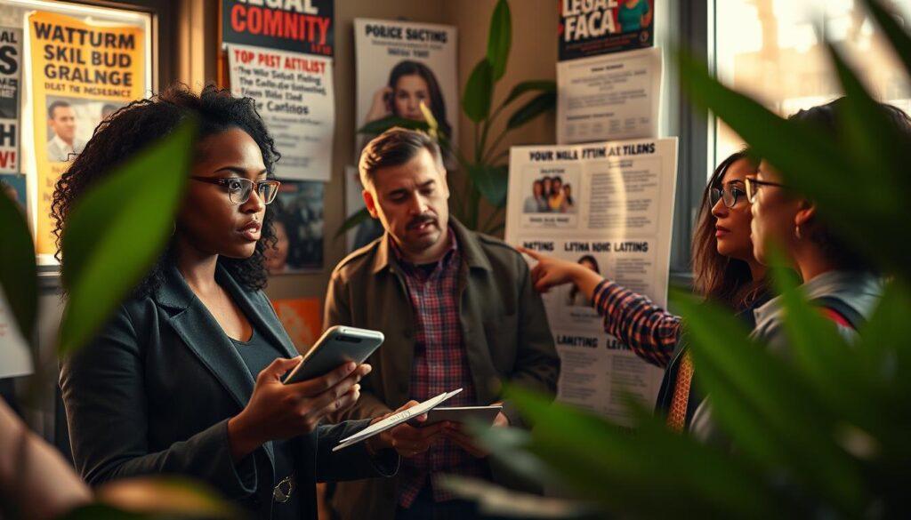 A diverse group of local activists engaging in a meeting, surrounded by a backdrop of community posters and legal resource pamphlets. In the foreground, a Black woman in professional attire leads the discussion, holding a smartphone displaying social media strategies. The middle ground features a White man taking notes, while a Latina woman points to a poster on legal rights. The atmosphere is focused and collaborative, illuminated by warm, natural light coming from a nearby window. In the background, blurred green plants enhance the sense of a safe and welcoming space, while emphasizing the importance of aligning actions with values and maintaining legal safety. The angle captures the subjects in a dynamic, slightly elevated perspective, conveying urgency and empowerment. A diverse group of local activists engaging in a meeting, surrounded by a backdrop of community posters and legal resource pamphlets. In the foreground, a Black woman in professional attire leads the discussion, holding a smartphone displaying social media strategies. The middle ground features a White man taking notes, while a Latina woman points to a poster on legal rights. The atmosphere is focused and collaborative, illuminated by warm, natural light coming from a nearby window. In the background, blurred green plants enhance the sense of a safe and welcoming space, while emphasizing the importance of aligning actions with values and maintaining legal safety. The angle captures the subjects in a dynamic, slightly elevated perspective, conveying urgency and empowerment.