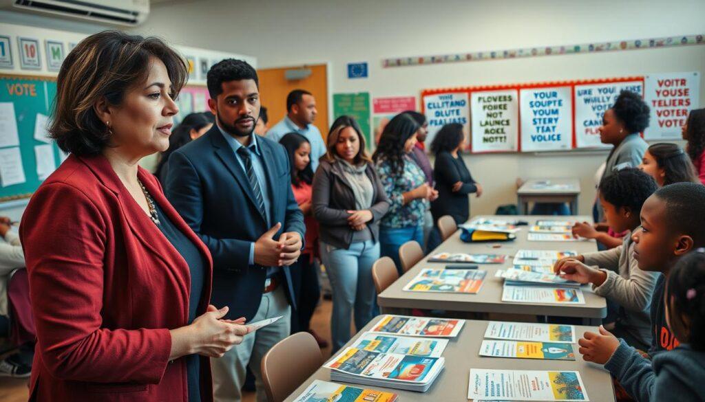 A diverse group of parents and guardians participating in a vibrant community meeting in a school setting, with individuals discussing youth engagement and voter registration. In the foreground, a middle-aged Hispanic woman in professional attire is speaking, while a young Black man in a smart casual outfit listens attentively, showing keen interest. In the middle ground, tables filled with colorful brochures about voter registration and school policies are laid out, with engaged families interacting together. The background features a classroom decorated with student artwork and motivational posters on civic duty. Soft, warm lighting creates an inviting atmosphere, and the perspective is slightly angled to capture an inclusive environment that promotes family language access and engagement. The overall mood is collaborative and supportive.