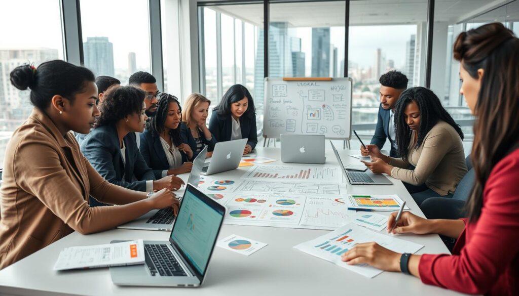 A diverse group of professionals engaged in a brainstorming session around a large table in a modern office environment. The foreground features a mix of individuals—local activists, press officials, and influencers—analyzing colorful personas and data charts on laptops and printed materials. In the middle ground, a whiteboard showcases sketches and notes related to community engagement strategies. The background reveals glass windows with a cityscape, hinting at a lively urban atmosphere. Soft, natural lighting filters through the windows, creating an inviting and collaborative mood. The individuals are dressed in business casual attire, conveying professionalism and focus. The perspective is slightly angled to emphasize interaction and engagement within the space. A diverse group of professionals engaged in a brainstorming session around a large table in a modern office environment. The foreground features a mix of individuals—local activists, press officials, and influencers—analyzing colorful personas and data charts on laptops and printed materials. In the middle ground, a whiteboard showcases sketches and notes related to community engagement strategies. The background reveals glass windows with a cityscape, hinting at a lively urban atmosphere. Soft, natural lighting filters through the windows, creating an inviting and collaborative mood. The individuals are dressed in business casual attire, conveying professionalism and focus. The perspective is slightly angled to emphasize interaction and engagement within the space.