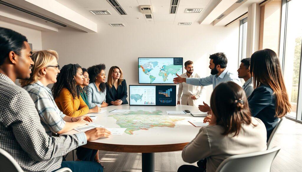 A diverse group of professionals gathered around a large round table, engaged in a collaborative discussion about governance. In the foreground, a charismatic facilitator points at a digital map of the community, while participants of various ethnic backgrounds nod in agreement. The middle ground shows charts and visual aids displayed on screens, emphasizing data-driven decision-making. In the background, a bright, airy conference room filled with natural light enhances the atmosphere of inclusivity and collaboration. Soft shadows cast by overhead lighting create a warm, inviting mood. The setting reflects a modern workspace, emphasizing teamwork and the democratic process. Capture the essence of light governance, focusing on unity and the importance of community steering huddles.