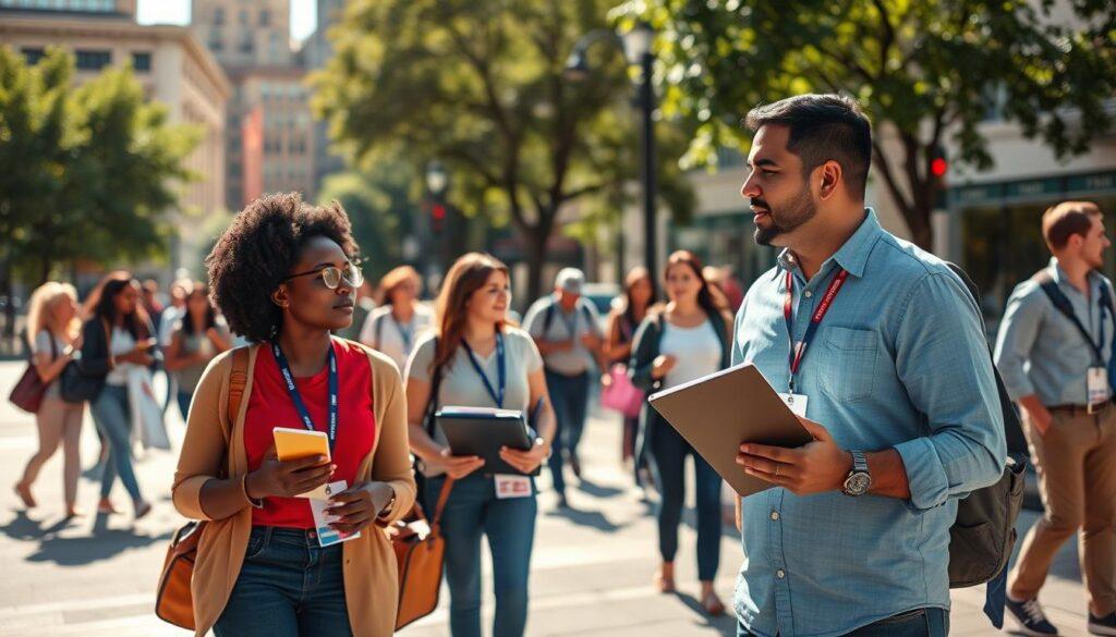 A diverse group of volunteers engaged in canvassing in a bustling urban environment, emphasizing safety and compliance. In the foreground, two volunteers, a Black woman and a Hispanic man, each wearing identifiable ID badges and professional attire, discuss their canvassing strategy while holding clipboards. In the middle ground, a small group of volunteers is seen approaching pedestrians, showcasing their friendly, approachable demeanor. The background features city buildings and trees, providing a vibrant urban landscape. The lighting is bright and natural, with a warm afternoon sun casting gentle shadows, creating an inviting atmosphere. The overall mood is optimistic and community-focused, illustrating the importance of legal and ethical standards in local activism.
