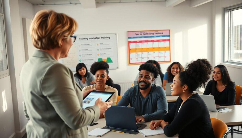 A diverse group of volunteers in a bright, welcoming training room, engaged in a collaborative onboarding session. In the foreground, a facilitator, a middle-aged woman in professional attire, is demonstrating a certification badge on a digital screen. In the middle ground, diverse volunteers, including a young Black man and a Hispanic woman, enthusiastically participate in a micro-training workshop, seated at tables with laptops and notebooks. In the background, a bulletin board displays a colorful training calendar, showcasing upcoming peer shadowing sessions. The atmosphere is uplifting and focused, with soft natural lighting illuminating the space through large windows. The image captures a sense of community, growth, and empowerment, with an overall mood of professional development and teamwork.