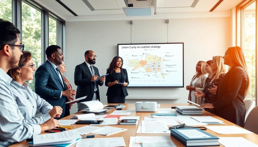 A dynamic coalition meeting in a bright, modern conference room. In the foreground, a diverse group of professionals, including individuals in business attire and modest casual clothing, are engaged in animated discussion around a large table filled with printed materials, digital devices, and legal documents. In the middle, a projector displays a digital map of Union County with highlighted neighborhood areas, illustrating the coalition strategy. The background shows large windows letting in natural light, with greenery visible outside, enhancing the atmosphere of collaboration and harmony. The warm lighting evokes a sense of hope and unity. The camera angle is slightly elevated, focusing on both the engaged participants and the resources scattered across the table.