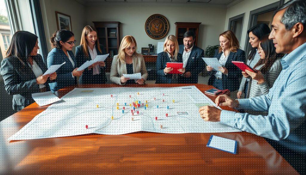 A dynamic scene depicting local lobbying techniques in action: in the foreground, a diverse group of professionals in business attire engaged in animated discussions, holding letters and tablets, showcasing constituent pressure strategies. In the middle ground, a large printed district map is spread out on a table, marked with various colored pins and notes, indicating community concerns and lobbying efforts. In the background, a government office recognizes the setting, subtly visible with official decor and a welcoming environment. Soft natural lighting streams in through windows, highlighting focused expressions, creating a collaborative atmosphere. The image captures urgency and dedication, emphasizing the importance of citizen engagement in local governance.