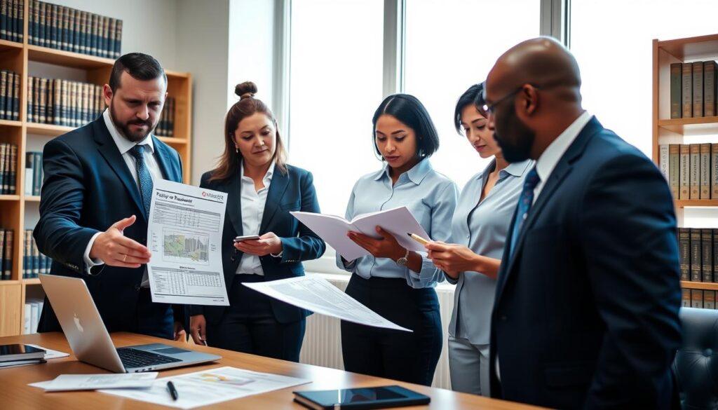A focused meeting scene showcasing local lobbying techniques, with a diverse group of four professionals in smart business attire engaged in discussion. In the foreground, a man in a navy suit gestures towards a laptop displaying policy documents and budget spreadsheets. In the middle ground, a woman takes notes on a legal pad, while another colleague, dressed in a light blue blouse, shares insights from a zoning map. In the background, a large window allows soft natural light to illuminate the room, casting a calm and productive atmosphere. Shelves line the walls filled with books on statutes and procurement. The overall mood is one of collaboration, professionalism, and determination, reinforcing the importance of thorough policy homework in local lobbying efforts.