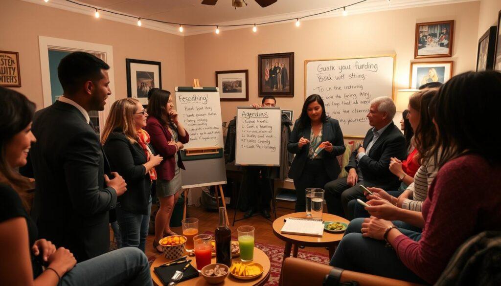 A lively house party scene set in a cozy living room, featuring diverse groups of people engaging in discussions about grassroots fundraising. In the foreground, a small table displays colorful snacks and beverages, while attendees in professional business attire are animatedly talking and sharing ideas. The middle ground includes a whiteboard with handwritten fundraising goals and a simple agenda. In the background, the warm lighting creates an inviting atmosphere, with string lights hanging overhead and framed photos of community events on the walls. The mood is collaborative and hopeful, capturing the essence of grassroots activism and community building. The angle is slightly elevated, giving a comprehensive view of the bustling activity while maintaining focus on the warmth of the gathering. A lively house party scene set in a cozy living room, featuring diverse groups of people engaging in discussions about grassroots fundraising. In the foreground, a small table displays colorful snacks and beverages, while attendees in professional business attire are animatedly talking and sharing ideas. The middle ground includes a whiteboard with handwritten fundraising goals and a simple agenda. In the background, the warm lighting creates an inviting atmosphere, with string lights hanging overhead and framed photos of community events on the walls. The mood is collaborative and hopeful, capturing the essence of grassroots activism and community building. The angle is slightly elevated, giving a comprehensive view of the bustling activity while maintaining focus on the warmth of the gathering.
