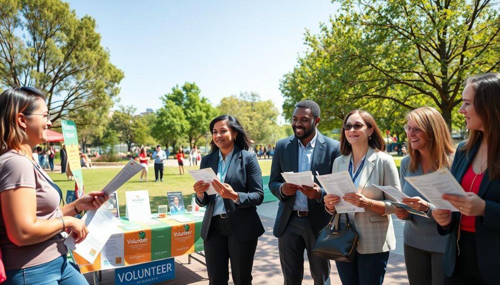 A lively outdoor community event scene to illustrate volunteer recruitment. In the foreground, a diverse group of four individuals in professional business casual attire are engaging with passersby, enthusiastically holding sign-up sheets and pamphlets. The middle ground features a colorful table decorated with banners and informational materials about volunteer opportunities. In the background, a sunny park setting with trees and families enjoying their day, helping to create a warm, inviting atmosphere. Soft, natural lighting casts gentle shadows, enhancing the cheerful mood of the scene. Capture this image with a slight upward angle, emphasizing the interaction and energy of the volunteers, conveying a sense of community spirit and engagement.