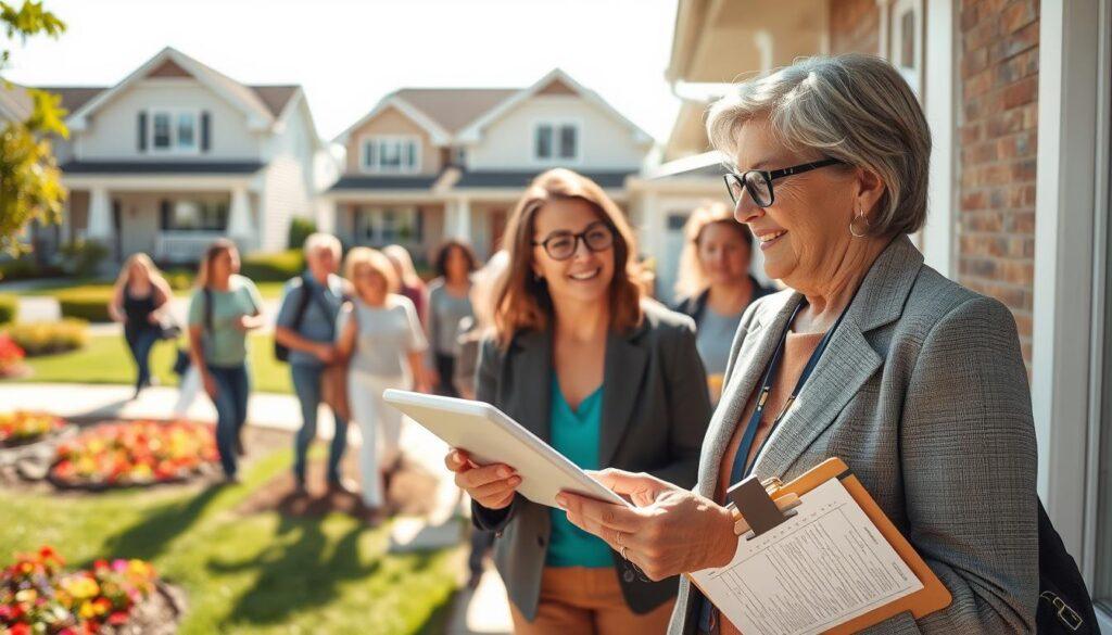 A lively suburban neighborhood scene depicting a diverse group of volunteers engaged in door-to-door canvassing. In the foreground, a middle-aged woman in professional business attire is holding a tablet, capturing data as she chats with a friendly homeowner. A clipboard with paper forms and tags is visible nearby, showcasing organized notes for follow-ups. The middle ground features houses with well-kept lawns and colorful flower beds, enhancing the community atmosphere. The background shows a bright, clear sky suggesting a sunny day, casting soft shadows that illuminate the scene. The mood is energetic yet professional, reflecting teamwork and dedication, emphasizing the importance of data capture in the canvassing process. The image should have a warm color palette to evoke a welcoming and comfortable vibe.