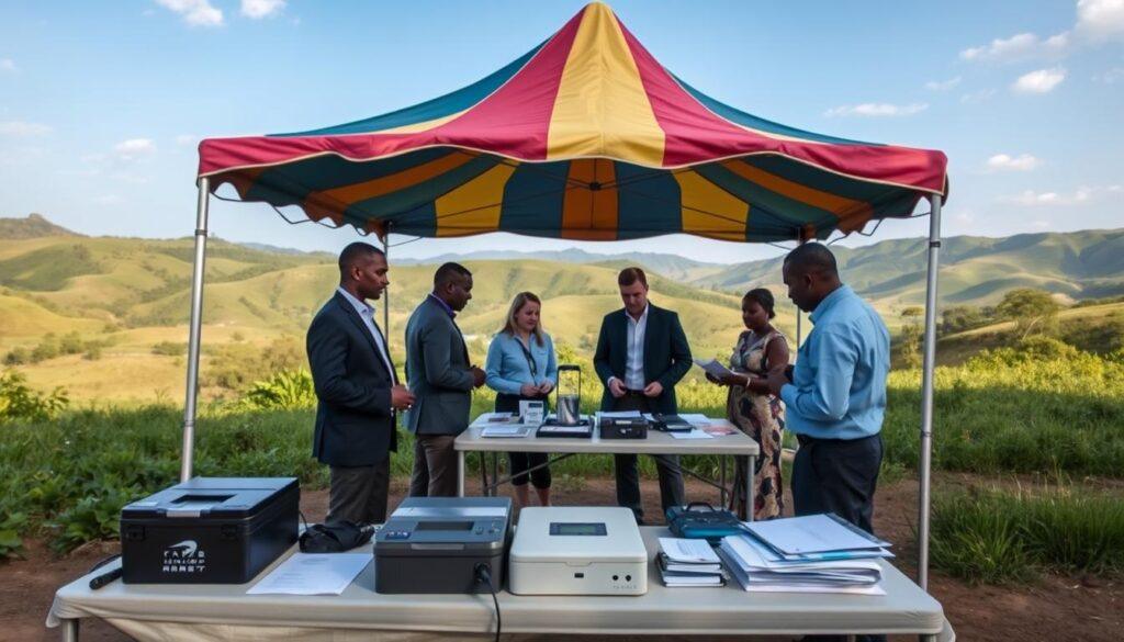 A mobile registration kit setup in a serene rural location, showcasing a large, colorful canopy providing shade over several organized tables. In the foreground, a table is equipped with a power battery, a compact printer, and a satellite messenger, all neatly arranged for easy access. The middle ground features individuals in professional business attire engaging with community members, assisting them with registration. The background depicts rolling green hills and a clear blue sky, reflecting a peaceful atmosphere. Soft, natural lighting illuminates the scene, creating an inviting mood. Capture this image from a slightly elevated angle, emphasizing both the setup and the interactions taking place, with a focus on community connectivity in an accessible, friendly environment.