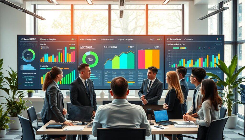 A modern office setting showcasing a large digital dashboard displaying colorful metrics and analysis graphs, a focus on an ICE scoring matrix with three distinct sections (Impact, Confidence, Ease). In the foreground, a diverse group of professionals in business attire are engaged in discussion, analyzing the data with enthusiasm. The middle ground features sleek monitors and a well-organized workspace filled with digital devices and data reports, creating a collaborative atmosphere. The background includes large windows with natural light pouring in, illuminating the room, and green plants adding a touch of vitality. The overall mood is dynamic and focused, emphasizing teamwork and data-driven decision-making. The image should be bright, clean, and technologically advanced, without any text, logos, or watermarks.