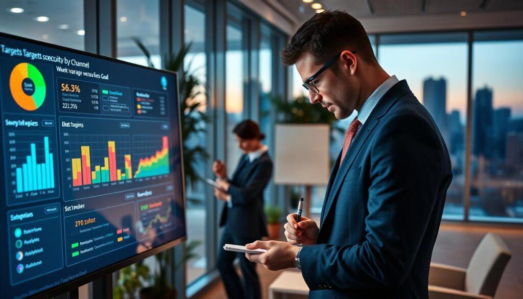 A modern office workspace showcasing a large, interactive digital dashboard displaying colorful charts and metrics on targets forecast capacity by channel and week variance versus goal. In the foreground, a professional businessperson, dressed in a tailored suit, is intently analyzing the data on a sleek, touchscreen display. The middle ground features another team member, also in professional attire, jotting down notes on a notepad. The background reveals a softly lit office environment with glass walls, plants, and large windows overlooking a city skyline at dusk, creating a futuristic and optimistic atmosphere. The scene is illuminated with warm, ambient lighting that highlights the professionalism of the workspace, shot from a slightly elevated angle to capture depth and detail.