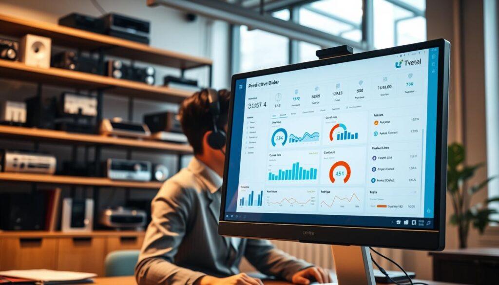 A modern predictive dialer interface displayed on a sleek computer screen in a well-lit office environment. In the foreground, focus on the vibrant graphical dashboard of the dialer showing call metrics, contact lists, and predictive algorithms in bright colors. The middle ground features a professional-looking individual in business attire, engaged in a call with a headset, deeply focused on the task. In the background, shelves filled with modern tech devices and a large window letting in natural light, giving a sense of productivity and innovation. The atmosphere is dynamic and efficient, highlighting the importance of technology in communication. Use a warm, inviting color palette with soft lighting to create a professional yet approachable feel, shot from a slightly elevated angle to capture both the screen and the individual effectively.