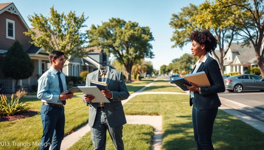 A peaceful suburban neighborhood scene during daylight, showcasing a group of individuals engaged in door-to-door canvassing. In the foreground, two canvassers, a Caucasian man and an African-American woman, both dressed in professional business attire, hold clipboards and discuss strategies. In the middle ground, a neatly organized street with various houses, some with lush lawns and flower beds, illustrating turf cutting sizes with visible boundaries marked on the grass. A few cars parked along the curb with clear signage indicating parking regulations. In the background, trees line the street under a bright blue sky. Soft, natural lighting casts gentle shadows, creating an inviting atmosphere that reflects community engagement and collaboration.