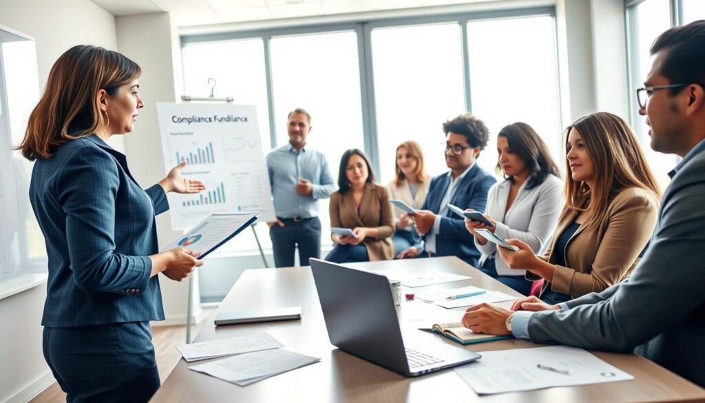 A professional meeting room filled with diverse individuals engaged in a discussion on grassroots fundraising compliance. In the foreground, a woman in business attire presents a report using a laptop, with graphs and charts visible on the screen. Beside her, a man gestures towards a whiteboard filled with compliance guidelines. In the middle ground, a group of attendees take notes, their expressions focused and attentive. The background showcases a large window with natural light streaming in, illuminating paperwork and donation receipts on a table. The atmosphere conveys a sense of collaboration and determination, with soft blue and white tones enhancing the professional setting. The image captures the essence of local limits, reporting, and tracking in fundraising. A professional meeting room filled with diverse individuals engaged in a discussion on grassroots fundraising compliance. In the foreground, a woman in business attire presents a report using a laptop, with graphs and charts visible on the screen. Beside her, a man gestures towards a whiteboard filled with compliance guidelines. In the middle ground, a group of attendees take notes, their expressions focused and attentive. The background showcases a large window with natural light streaming in, illuminating paperwork and donation receipts on a table. The atmosphere conveys a sense of collaboration and determination, with soft blue and white tones enhancing the professional setting. The image captures the essence of local limits, reporting, and tracking in fundraising.