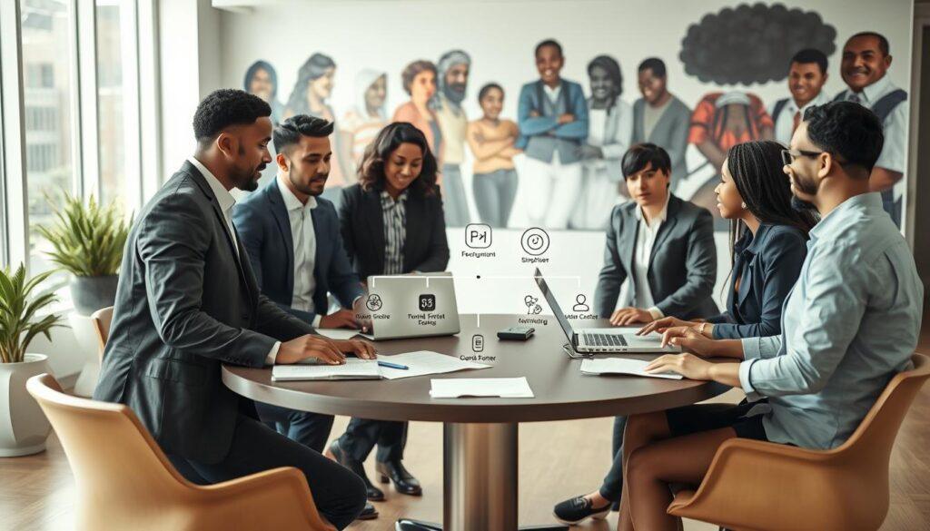 A professional setting illustrating the concept of "feedback grievance channels accessibility." In the foreground, a diverse group of individuals in professional attire, including men and women of various ethnic backgrounds, engaged in a strategic discussion around a round table with laptops and documents spread out. The middle of the image features a visual representation of a flowchart or pathway graphic showing the escalation process for feedback and grievances, with clear, iconographic symbols indicating different channels of communication. In the background, a well-lit office environment with large windows, offering a view of a community-focused mural that depicts inclusive civic engagement. Soft, natural lighting creates an inviting atmosphere, emphasizing collaboration and accessibility in voter registration. No text or overlays present.