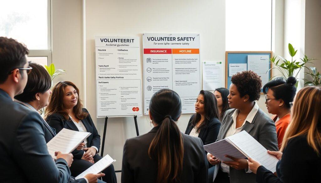 A serene community meeting setting focusing on volunteer safety. In the foreground, a diverse group of volunteers in professional business attire, attentively discussing safety protocols and holding incident report forms. The middle layer showcases a large, informative poster on a nearby wall featuring key points on insurance, waivers, and a hotline number, designed with clear graphics and icons. In the background, a well-lit room with soft, natural lighting streaming in through large windows, plants in corners, and a bulletin board displaying safety guidelines. The atmosphere is collaborative and proactive, emphasizing the importance of safety and compliance in volunteer activities. The angle is slightly elevated, capturing both the group dynamics and the informative elements clearly, while keeping a welcoming and professional feel.