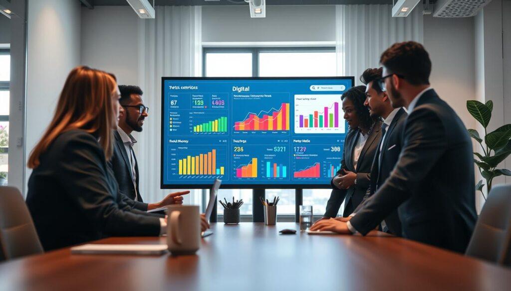 A sleek, modern office workspace as the foreground, with diverse professionals in business attire collaborating over a digital campaign dashboard on a large screen. The middle layer features vibrant graphs and colorful visual metrics relating to phone, digital, email, meetings, money, and media, clearly displayed in a user-friendly format. In the background, soft window light illuminates the room, casting a warm glow and creating an engaging atmosphere. The overall mood conveys teamwork, innovation, and data-driven decision-making, capturing the essence of modern metrics and dashboards in a business context. The depth of field gently blurs the background to emphasize the dashboard and the engaged professionals in the foreground.