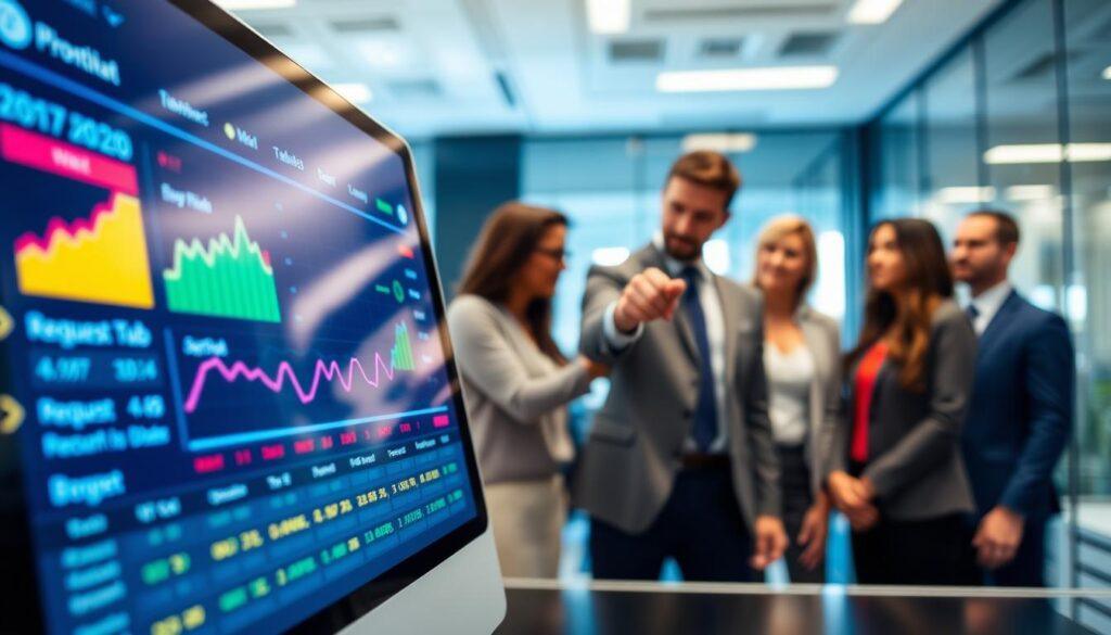 A sophisticated tracking system for public records requests, prominently displayed on a sleek digital dashboard. In the foreground, a close-up view of a computer screen shows a vibrant interface with colorful charts, progress indicators, and detailed logs denoting request numbers and deadlines. The middle layer features a professional team of diverse individuals in business attire, actively discussing and pointing at the screen, emphasizing collaboration. In the background, a modern office environment with glass walls and natural light streaming in, adding a warm, productive atmosphere. The lighting is bright but soft, creating an inviting workspace. The focus is sharp on the dashboard while the background gently blurs, enhancing the sense of activity and importance of tracking public records requests.