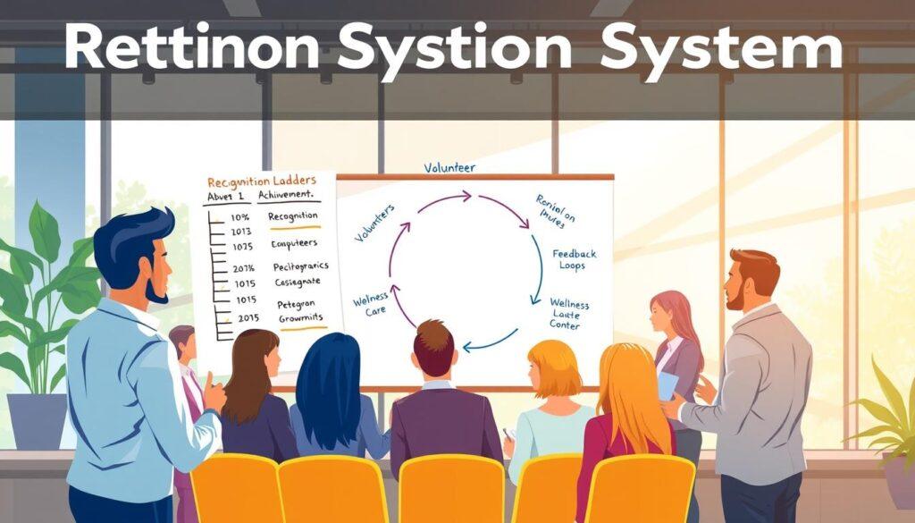 A vibrant and dynamic illustration representing a "Retention System" in volunteer networks, showcasing three key concepts: Recognition Ladders, Feedback Loops, and Wellness Care. In the foreground, a diverse group of volunteers in professional attire is engaged in a collaborative discussion, with one person presenting a visual recognition ladder highlighting achievements. In the middle, a circular feedback loop diagram is drawn on a flip chart, surrounded by volunteers taking notes and offering insights. The background features a serene office environment with natural light streaming in through large windows, lending an uplifting and constructive atmosphere. The focus should be on the interaction and engagement among the volunteers, promoting a sense of teamwork and support. The overall mood is positive and motivating, emphasizing growth and connection in the volunteer community.