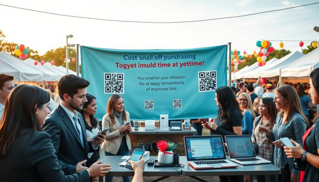 A vibrant grassroots fundraising scene set outdoors during a lively community event. In the foreground, a diverse group of people, dressed in professional business attire, passionately engages with attendees, discussing donation opportunities. In the middle, a large banner promotes small dollar contributions, surrounded by tables showcasing QR codes for easy donations, smartphones being held to receive SMS alerts, and laptops displaying social media updates. The background features a festive atmosphere with colorful balloons, fair tents, and enthusiastic crowds. Soft, warm lighting suggests a late afternoon, creating a welcoming and dynamic mood. The image captures the excitement and collaboration of grassroots fundraising efforts through various channels, emphasizing community involvement and support. A vibrant grassroots fundraising scene set outdoors during a lively community event. In the foreground, a diverse group of people, dressed in professional business attire, passionately engages with attendees, discussing donation opportunities. In the middle, a large banner promotes small dollar contributions, surrounded by tables showcasing QR codes for easy donations, smartphones being held to receive SMS alerts, and laptops displaying social media updates. The background features a festive atmosphere with colorful balloons, fair tents, and enthusiastic crowds. Soft, warm lighting suggests a late afternoon, creating a welcoming and dynamic mood. The image captures the excitement and collaboration of grassroots fundraising efforts through various channels, emphasizing community involvement and support.