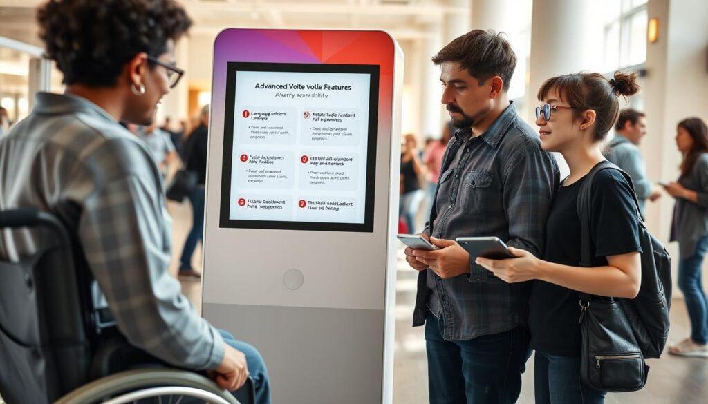 A vibrant, modern digital voting kiosk stands in a well-lit public space, showcasing advanced accessibility features. In the foreground, a diverse group of individuals, including a person in a wheelchair, a senior citizen with reading glasses, and a young adult with a visual impairment using a braille touchscreen, interact with the kiosk. The middle ground features a large touchscreen display highlighting options for language selection, audio assistance, and tactile responses. The background includes subtle elements of a bustling community environment, with people engaging in discussions and digital devices like smartphones and tablets. Soft, natural lighting bathes the scene, creating an inviting atmosphere of inclusivity and empowerment, symbolizing democratic engagement for everyone. The angle is slightly elevated, capturing the details of the kiosk's interface and the users' expressions of focus and determination. A vibrant, modern digital voting kiosk stands in a well-lit public space, showcasing advanced accessibility features. In the foreground, a diverse group of individuals, including a person in a wheelchair, a senior citizen with reading glasses, and a young adult with a visual impairment using a braille touchscreen, interact with the kiosk. The middle ground features a large touchscreen display highlighting options for language selection, audio assistance, and tactile responses. The background includes subtle elements of a bustling community environment, with people engaging in discussions and digital devices like smartphones and tablets. Soft, natural lighting bathes the scene, creating an inviting atmosphere of inclusivity and empowerment, symbolizing democratic engagement for everyone. The angle is slightly elevated, capturing the details of the kiosk's interface and the users' expressions of focus and determination.