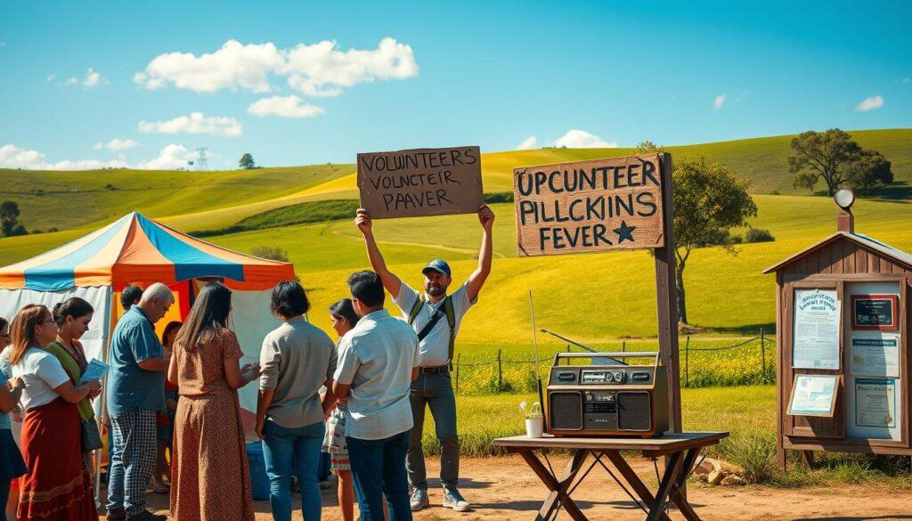 A vibrant scene depicting a "pop up events communication network" in a rural setting. In the foreground, diverse volunteers (dressed in modest casual clothing) gather around a colorful pop-up tent, engaging with locals and distributing flyers. In the middle ground, a volunteer driver holds up a homemade sign promoting upcoming events, while a vintage radio sits prominently on a table, symbolizing community outreach. Nearby, church bulletin boards display announcements in a rustic environment. The background features rolling green hills under bright, sunny skies, with a few scattered trees. The atmosphere is lively and inviting, emphasizing connection and community spirit. The image should have warm, natural lighting, reminiscent of a late afternoon, and a slight depth of field to focus on the volunteers and the communication elements.