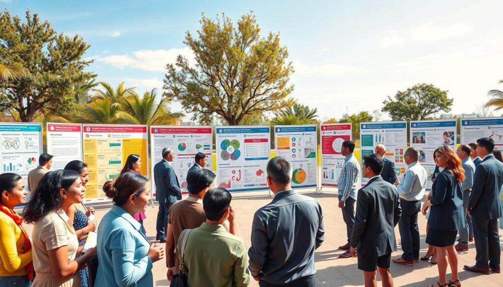 A vibrant scene illustrating the concept of multilingual public health messaging. In the foreground, a diverse group of individuals, dressed in professional business attire, engage in a collaborative discussion surrounded by colorful visual aids depicting health information in various languages. The middle ground features a large, open space filled with banners showcasing charts and graphics, highlighting the importance of plain language and culturally relevant translations. In the background, a calm outdoor environment with trees and a clear sky, suggesting an accessible public space for community engagement. The scene is brightly lit with natural sunlight, creating a welcoming atmosphere, captured from a slightly elevated angle to encompass the interactions and materials portrayed. The mood is positive and inclusive, emphasizing communication and understanding. A vibrant scene illustrating the concept of multilingual public health messaging. In the foreground, a diverse group of individuals, dressed in professional business attire, engage in a collaborative discussion surrounded by colorful visual aids depicting health information in various languages. The middle ground features a large, open space filled with banners showcasing charts and graphics, highlighting the importance of plain language and culturally relevant translations. In the background, a calm outdoor environment with trees and a clear sky, suggesting an accessible public space for community engagement. The scene is brightly lit with natural sunlight, creating a welcoming atmosphere, captured from a slightly elevated angle to encompass the interactions and materials portrayed. The mood is positive and inclusive, emphasizing communication and understanding.
