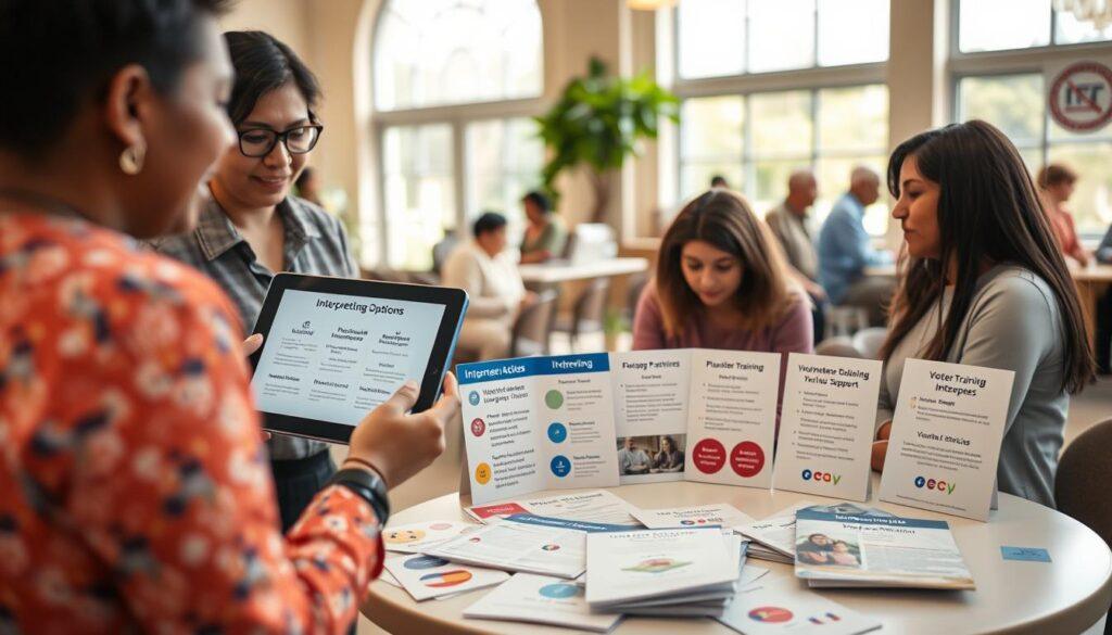 A vibrant scene showcasing diverse language access interpreting options in a community setting. In the foreground, a bilingual volunteer, dressed in professional attire, assists a family with paperwork, using a tablet displaying interpreting options. In the middle, a round table filled with pamphlets and brochures illustrates various services, including professional interpreters, phone-based support, and volunteer training information. The background features a welcoming community center with soft natural lighting filtering through large windows, creating an inviting atmosphere. Soft focus highlights elements like interpreting devices and communication tools, along with cultural symbols representing different languages. The overall mood is inclusive and supportive, emphasizing accessibility in voter registration for all community members.