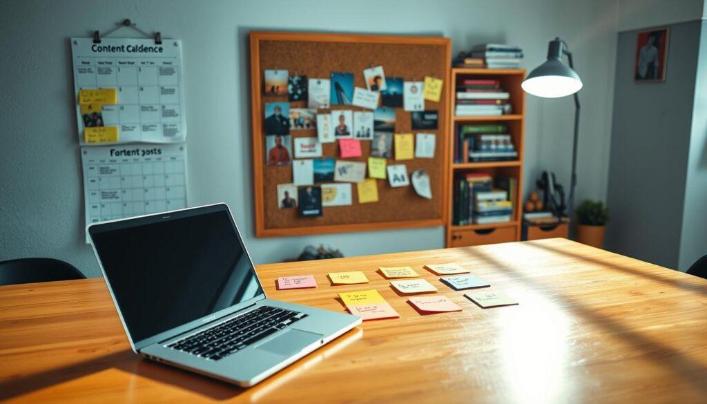 A visually engaging and organized workspace scene depicting a weekly content cadence grid for social media management. In the foreground, a large, well-lit wooden desk with a glossy laptop open, surrounded by colorful sticky notes arranged in a grid pattern for planning posts. A stylish calendar hangs on the wall, filled with tasks and timelines. In the middle ground, a corkboard pinned with various digital asset samples like images, infographics, and videos, all clearly labeled for reuse. The background showcases a soft-focus bookshelf filled with books on social media strategies and marketing. The lighting is bright and warm, creating a motivating atmosphere, with intricate shadows playing across the desk. The overall mood is productive and inspiring, ideal for local activists managing their online presence efficiently. A visually engaging and organized workspace scene depicting a weekly content cadence grid for social media management. In the foreground, a large, well-lit wooden desk with a glossy laptop open, surrounded by colorful sticky notes arranged in a grid pattern for planning posts. A stylish calendar hangs on the wall, filled with tasks and timelines. In the middle ground, a corkboard pinned with various digital asset samples like images, infographics, and videos, all clearly labeled for reuse. The background showcases a soft-focus bookshelf filled with books on social media strategies and marketing. The lighting is bright and warm, creating a motivating atmosphere, with intricate shadows playing across the desk. The overall mood is productive and inspiring, ideal for local activists managing their online presence efficiently.