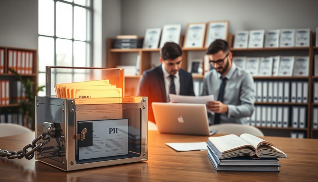 A visually engaging office scene illustrating voter registration privacy standards. In the foreground, a secure lockbox made of transparent material, clearly displaying personal identifiable information (PII) documents inside, protected by a sturdy chain. Surrounding the lockbox, a series of screen shields emitting a warm, soft glow, symbolizing data protection. In the middle ground, a diverse group of professionals in business attire—two men and a woman—collaborating over a laptop, analyzing privacy compliance checklists. The background features shelves filled with privacy regulation books and certificates, all under bright, natural lighting from large windows, creating an atmosphere of diligence and responsibility. The composition should feel organized and focused, emphasizing security and compliance in a nonpartisan environment.
