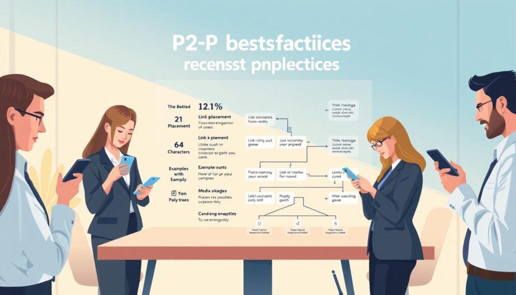 A visually striking and informative illustration depicting "P2P texting best practices". In the foreground, show a diverse group of professionals, dressed in business attire, engaged in thoughtful discussion over their smartphones. In the middle ground, feature an organized table with visual elements representing key aspects of texting: a checklist outlining link placements, character counts, and examples of media usage. Include a flowchart of reply trees to illustrate engagement strategies. The background should hint at a modern office environment with soft, warm lighting that creates an inviting atmosphere. Use a slightly elevated angle for a comprehensive view, ensuring clarity and focus on the practices being discussed. The mood should be collaborative and productive, emphasizing teamwork in effective communication.