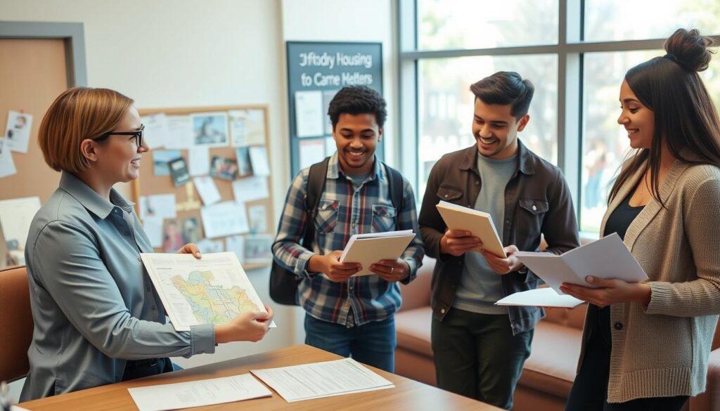 A warm and inviting student guidance office scene focused on residency and mailing address scenarios for dorms and apartments. In the foreground, a friendly advisor in smart casual attire assists a diverse group of three students, each holding a folder filled with documents. One student points to a map of campus housing options on the desk, while another takes notes. The middle ground features a cozy lounge area with a bulletin board displaying important residency information and a comfortable couch. The background reveals large windows with bright, natural light streaming in, showcasing a vibrant campus community outside. The atmosphere is collaborative and supportive, with an inviting color palette that fosters a sense of belonging and responsiveness.