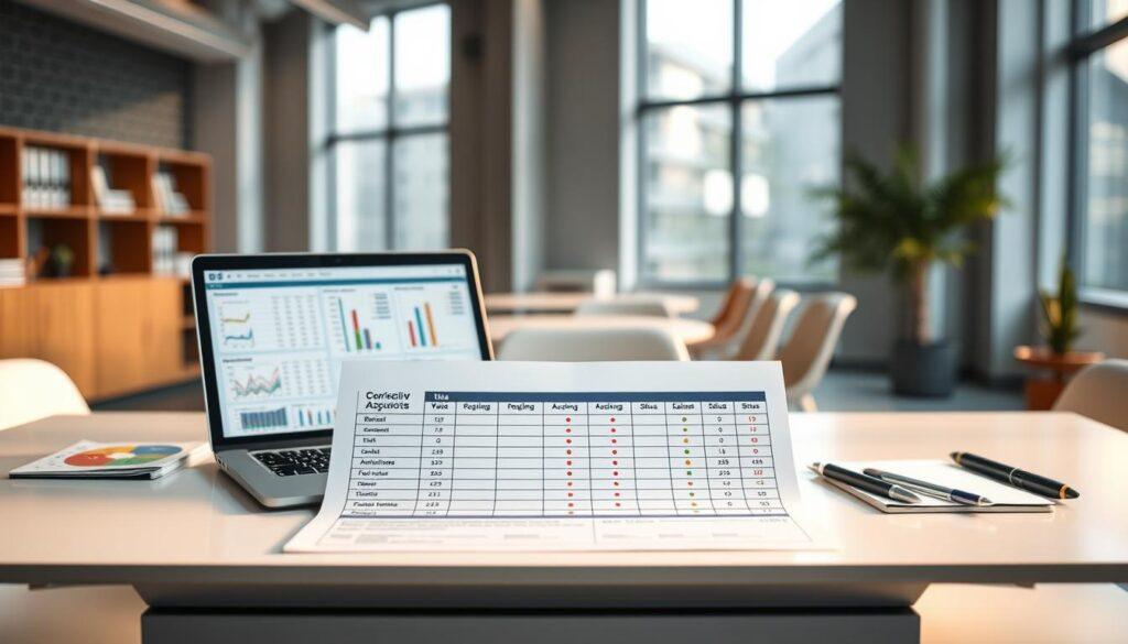 A well-organized Corrective Action Request Tracking Table, prominently displayed on a sleek modern desk in a professional office environment. In the foreground, the table is equipped with a laptop showing detailed spreadsheets and graphs, complemented by a few colorful charts, a notepad, and a pen. The middle layer features the detailed tracking table, with columns labeled 'Request ID,' 'Date,' 'Action Taken,' and 'Status,' neatly filled with colorful data points. In the background, a bright office with large windows allowing natural light to flood the room, giving a sense of transparency and accountability. The atmosphere is serious yet productive, suggesting an environment focused on oversight and improvement. The image is illuminated softly with a warm glow, emphasizing clarity and focus.